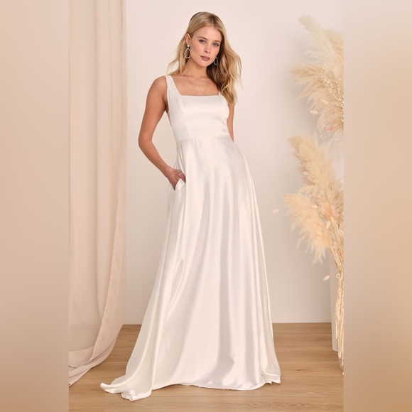 Lulus Dresses & Skirts - Lulus-Endless Radiance Ivory Satin Sleeveless Maxi Dress With Pockets (Medium)